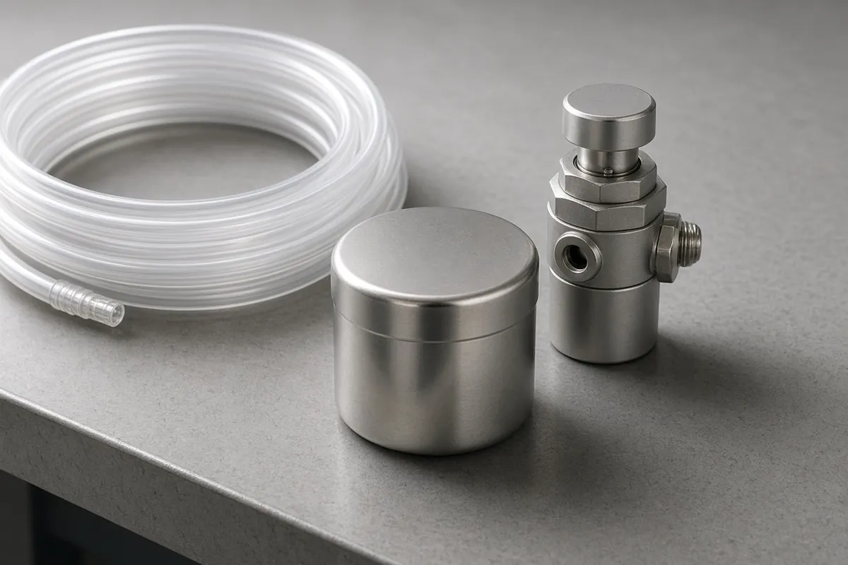 A coil of clear tubing, a plain metal bowl and an unlabeled regulator on a gray bench