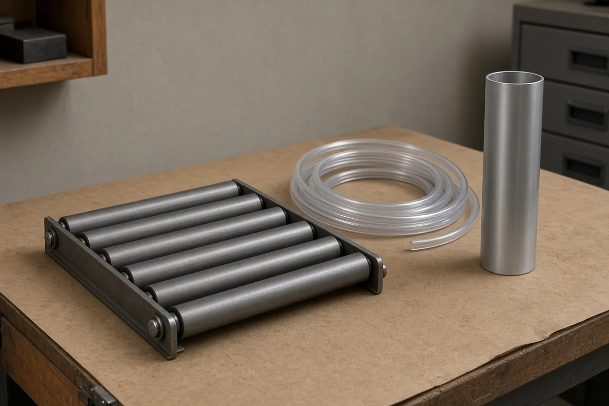A short roller section, a coil of clear tubing and a plain aluminum tube on a workbench