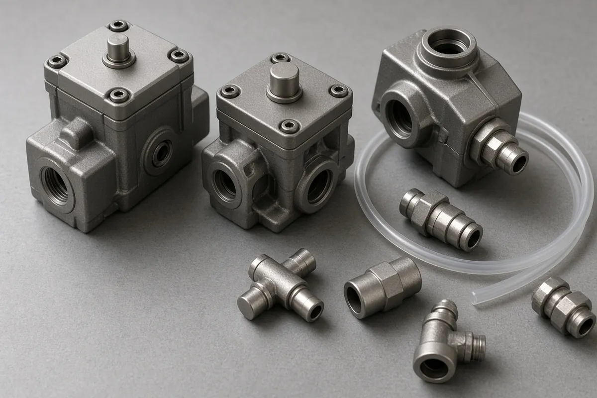 Unlabeled metal valve bodies and clear tubing on a gray bench